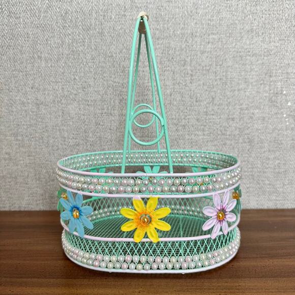 VTG Easter Bunny Figurine With Flower‎ Wire Basket And Colorful Ceramic Eggs - Picture 4 of 16